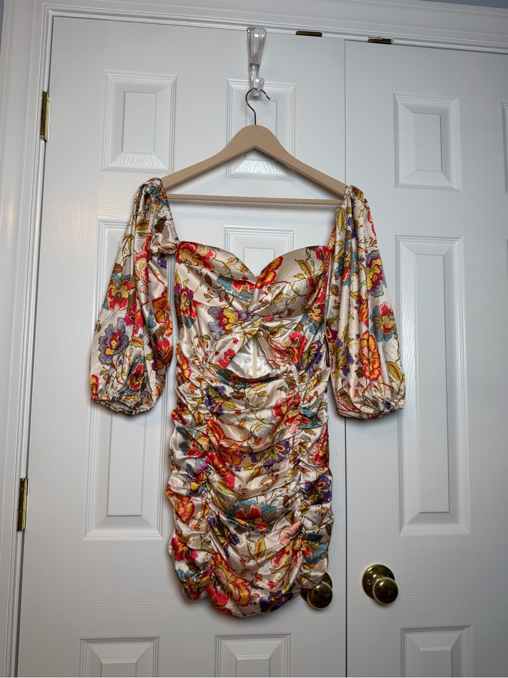 Runaway the Label Floral Satin Ruched Mini Dress with Puff Sleeves - WORN ONCE